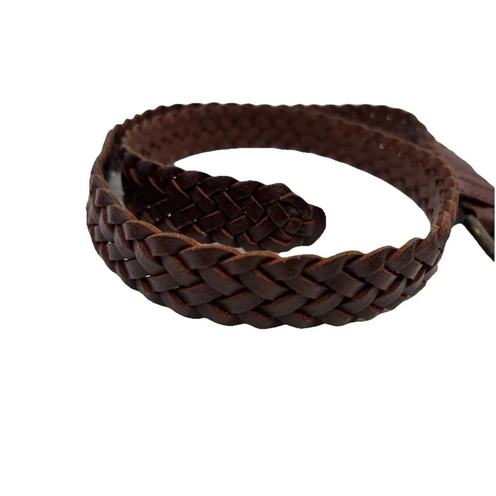 Brown Braided Leather Belt - Youth Kids Sz 26/28 Antiqued Brass Buckle Boy Girl
